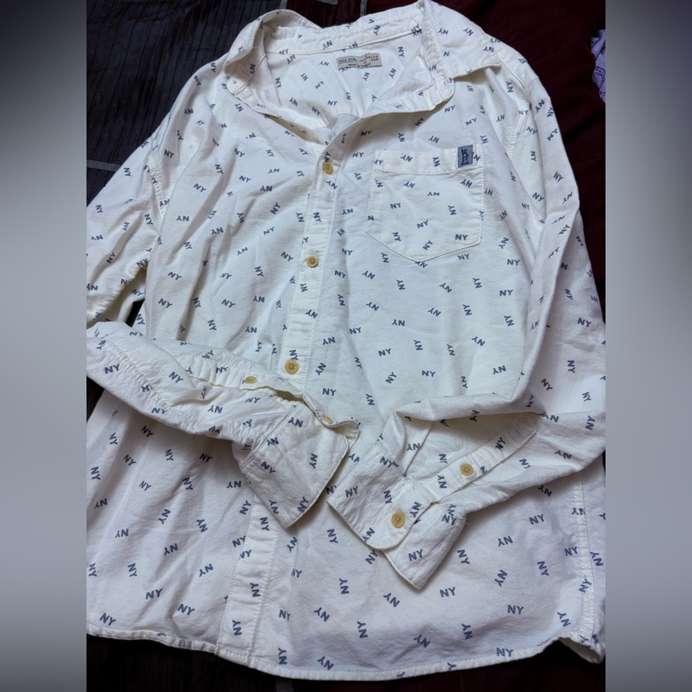 Bundle 3 for $15. Zara Kids Cream Button Down Shirt with Blue Print. Size 13-14.